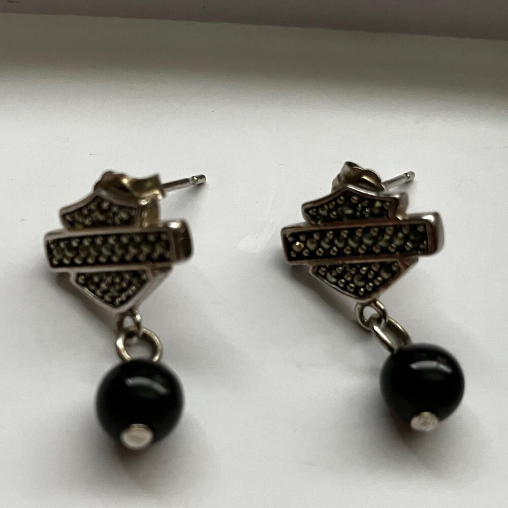 Harley Davidson Earrings Sterling Silver Logo Black Rhinestones VINTAGE 2006